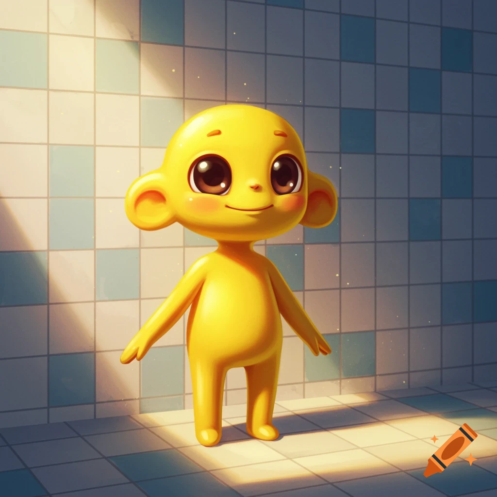 A cute yellow cartoon creature with big eyes stands in a tiled room.