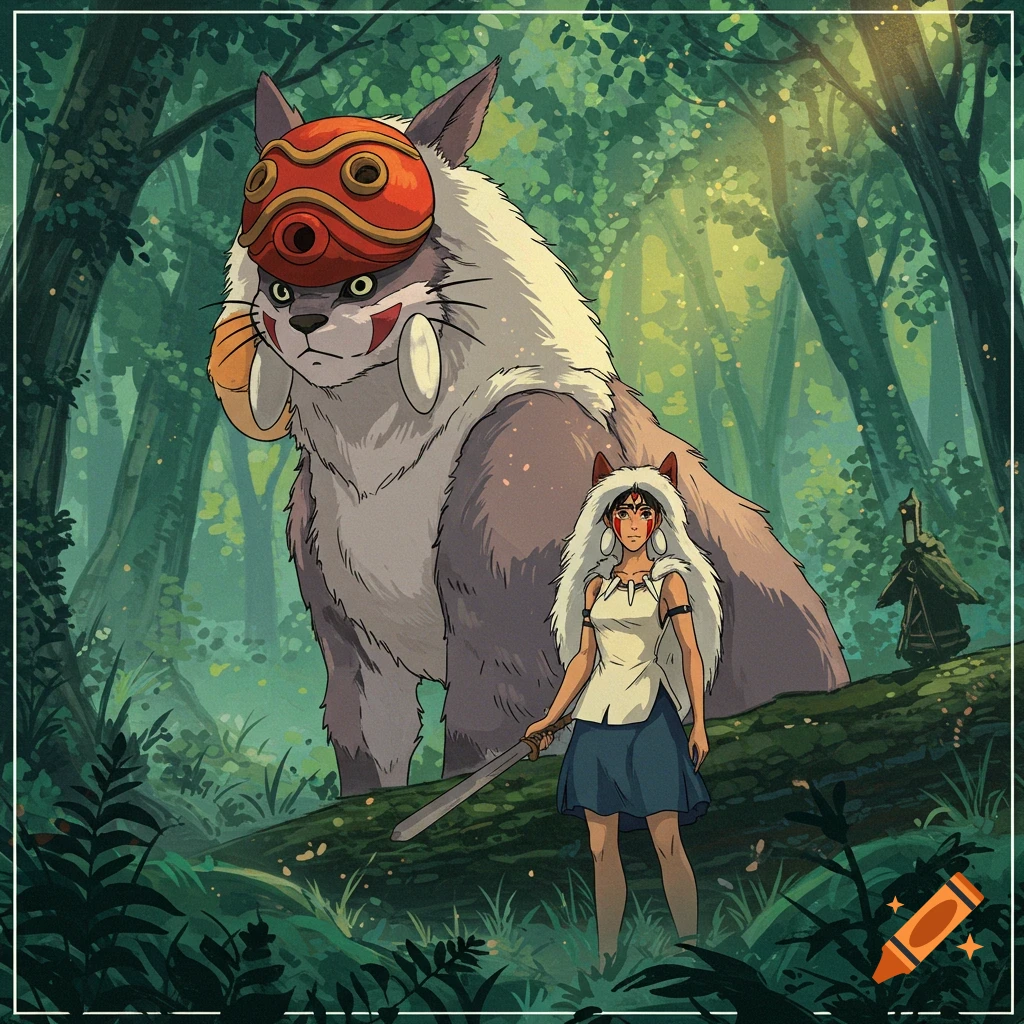 San and the wolf spirit Moro stand in a lush green forest, illustrated in an anime style.