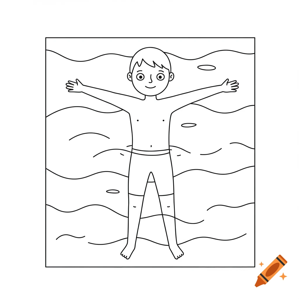 Black and white line drawing of a boy floating on his back in water, arms spread, for coloring.