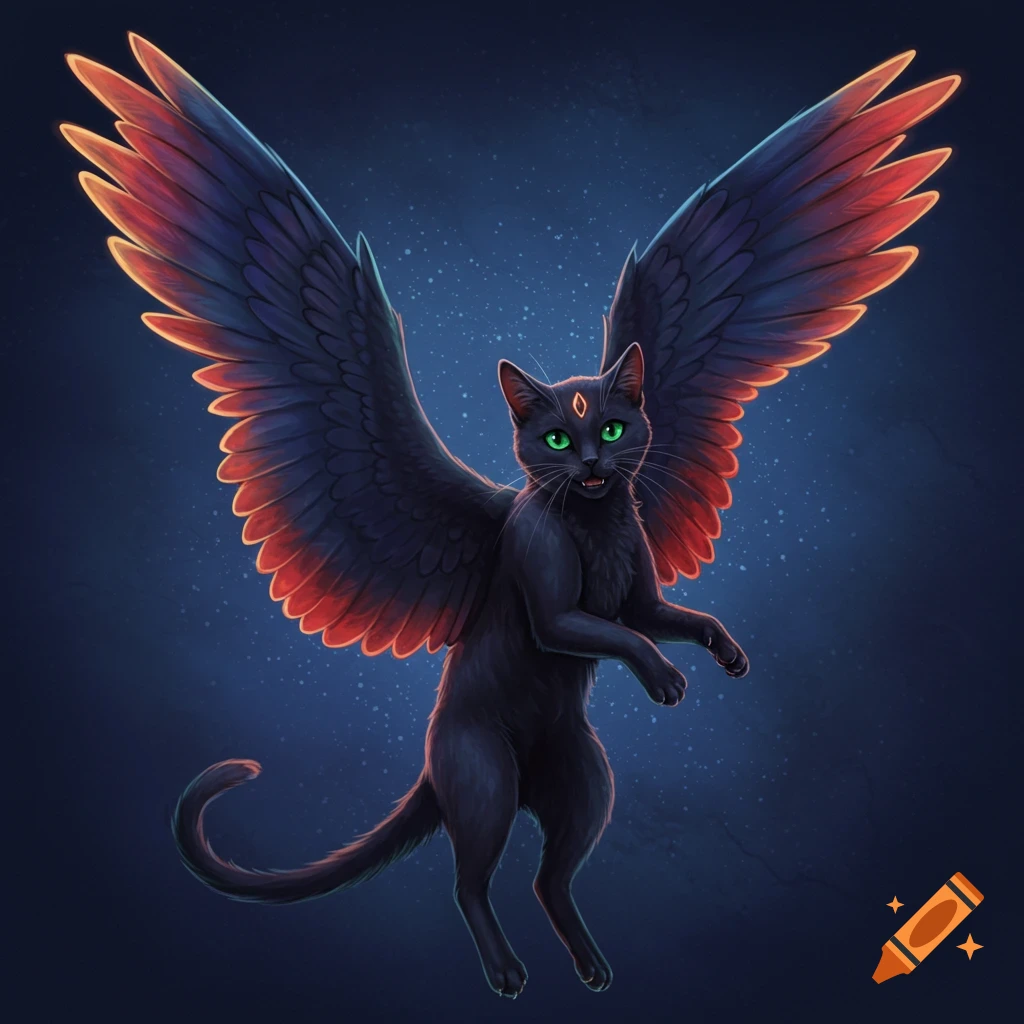 A black cat with large feathered wings on its back, floating against a  dark, starry background. on Craiyon, image size:1024x1024
