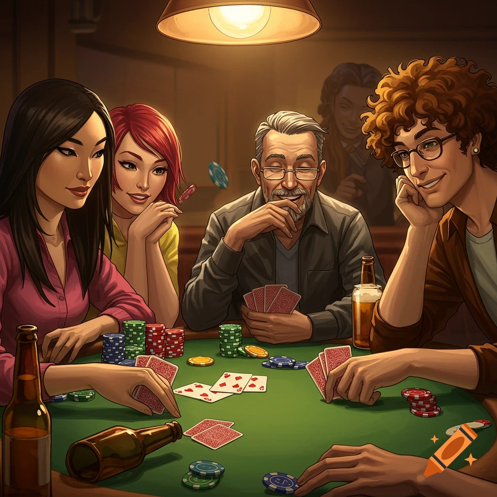 Friends playing cards around a poker table.