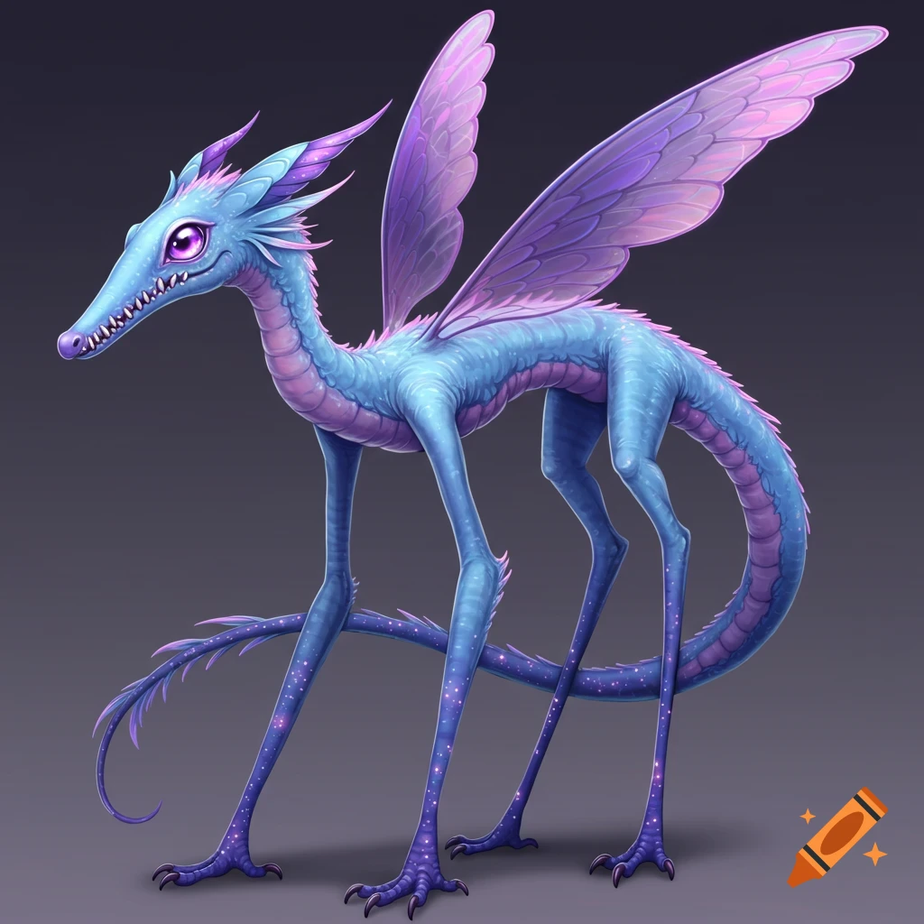 a slender, blue fantasy creature with long legs, purple wings, and glowing purple spots.