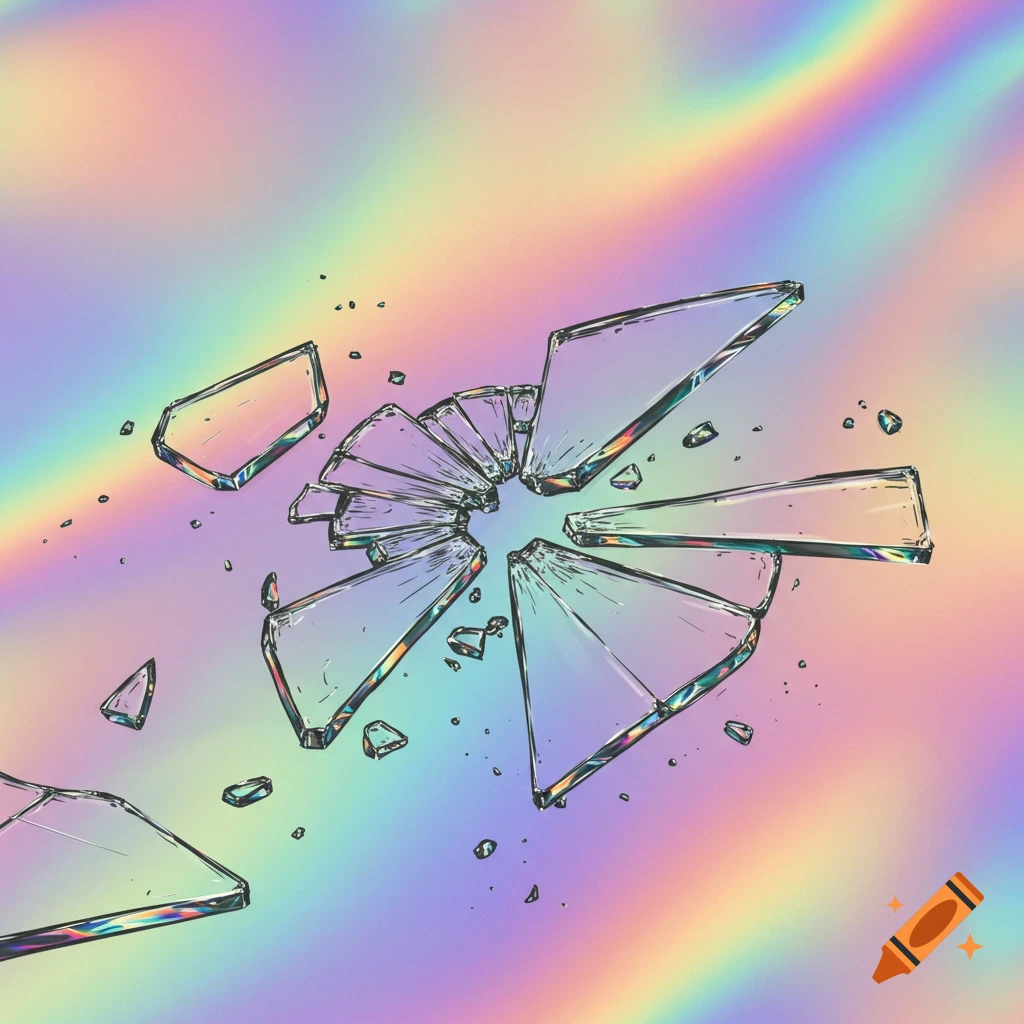 Shattered glass shards scattered on a holographic rainbow background.