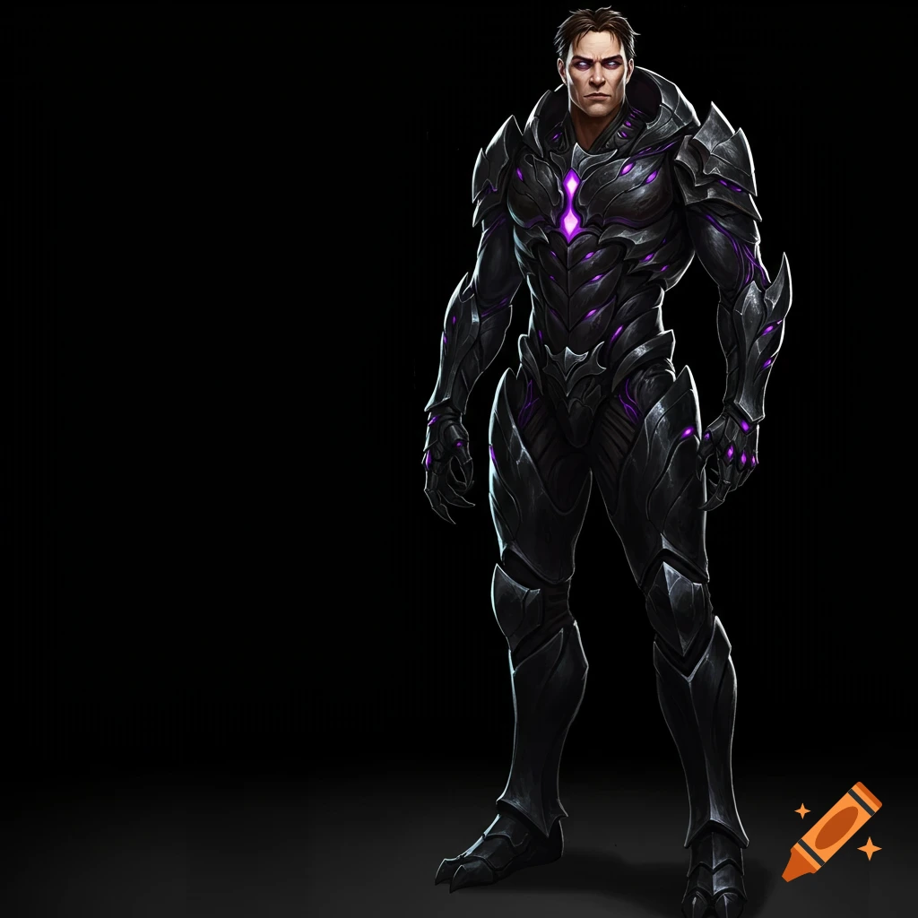 A man in black sci-fi armor with glowing purple highlights.