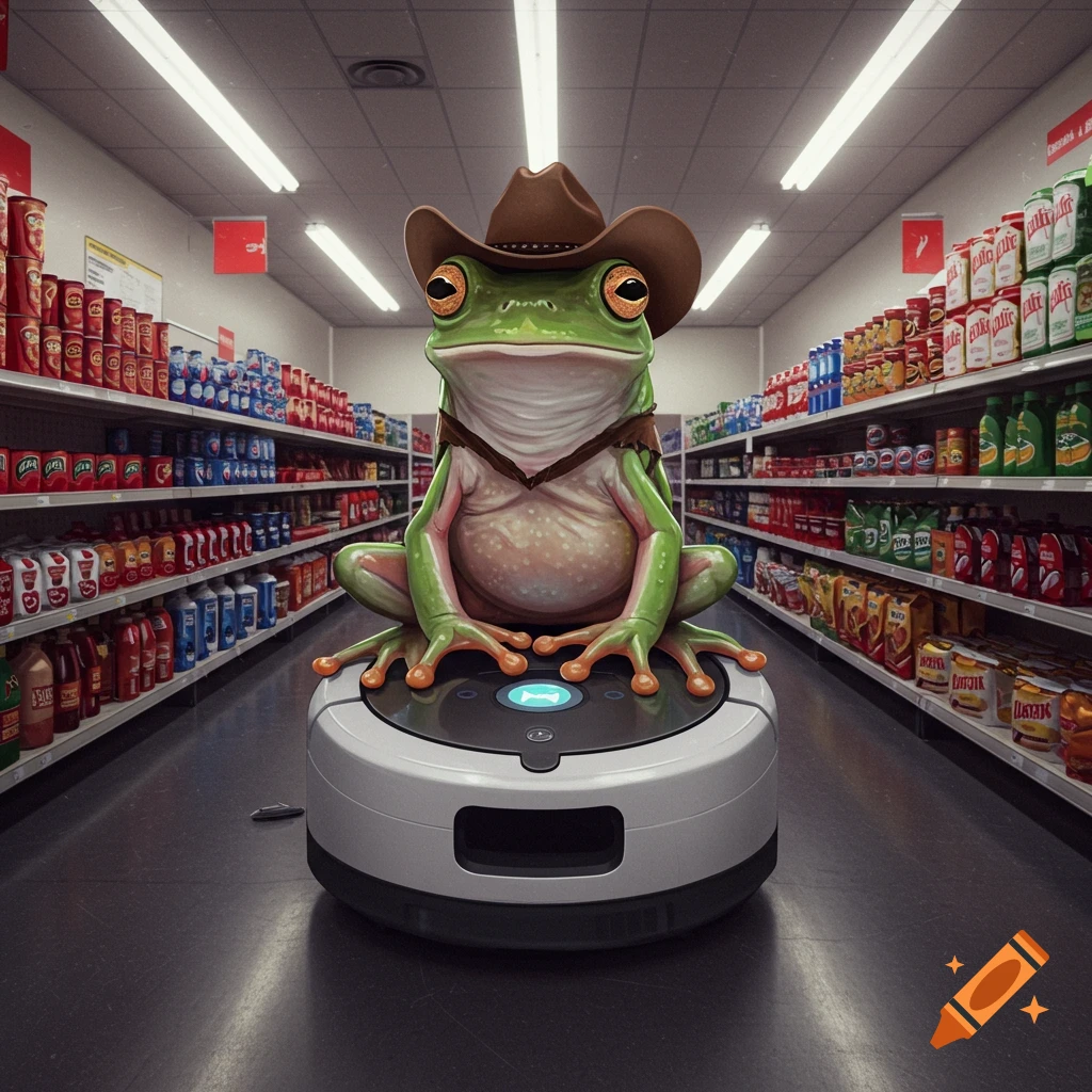 A frog wearing a cowboy hat sits on a robot vacuum in a grocery store aisle.