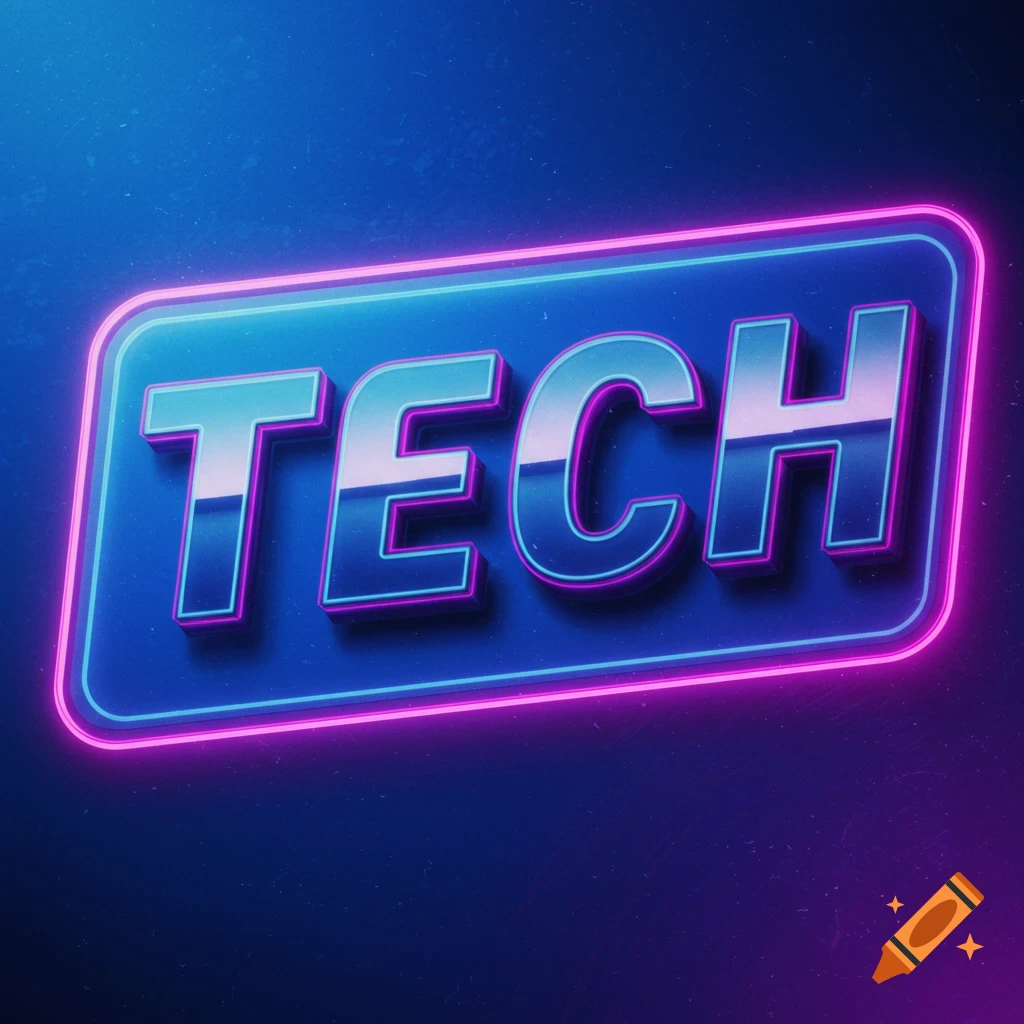 Shiny 3D sign with blue and pink neon outlines spelling TECH on a blue background.