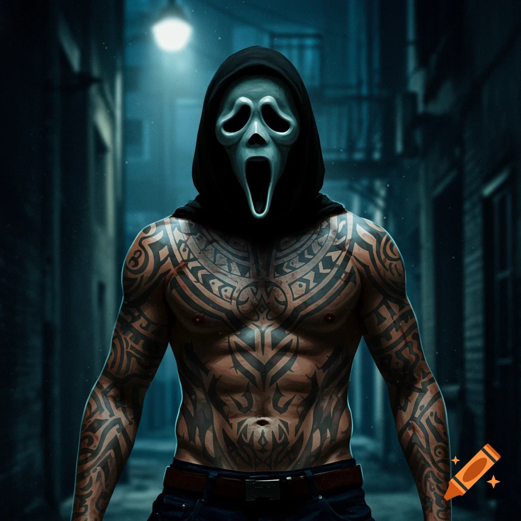 A heavily tattooed man wearing a Ghostface mask stands in a dark alley.