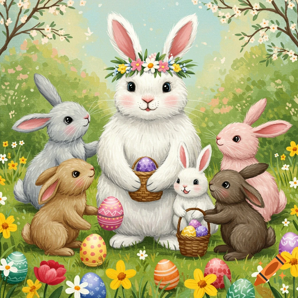 A large white mother bunny and five diverse baby bunnies celebrate Easter with decorated eggs and spring flowers in a whimsical scene.