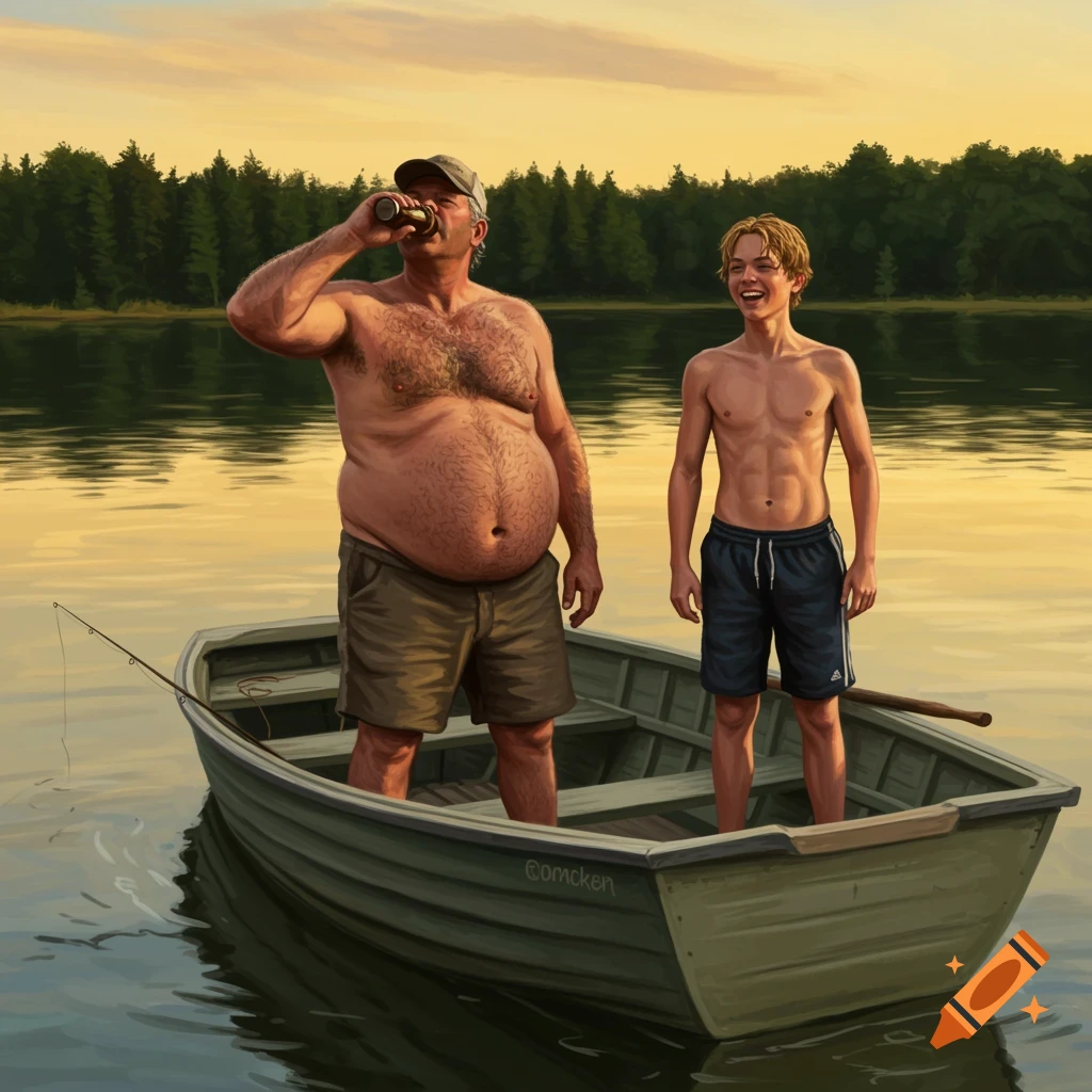 A father drinking a beer and his son are in a fishing boat on a lake at sunset.
