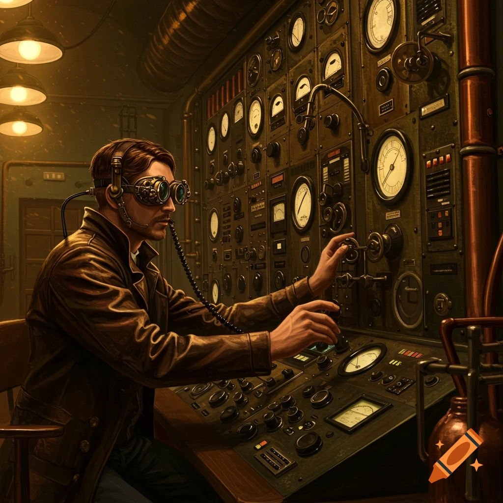 A man in goggles and leather jacket operates a large steampunk control panel