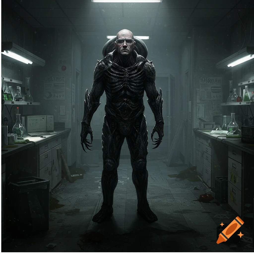 Creature in dark organic armor stands in ruined laboratory