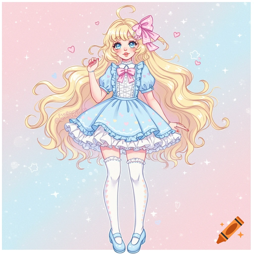 A cartoon girl with long blonde hair, blue dress, and knee socks stands against a pastel pink and blue background.