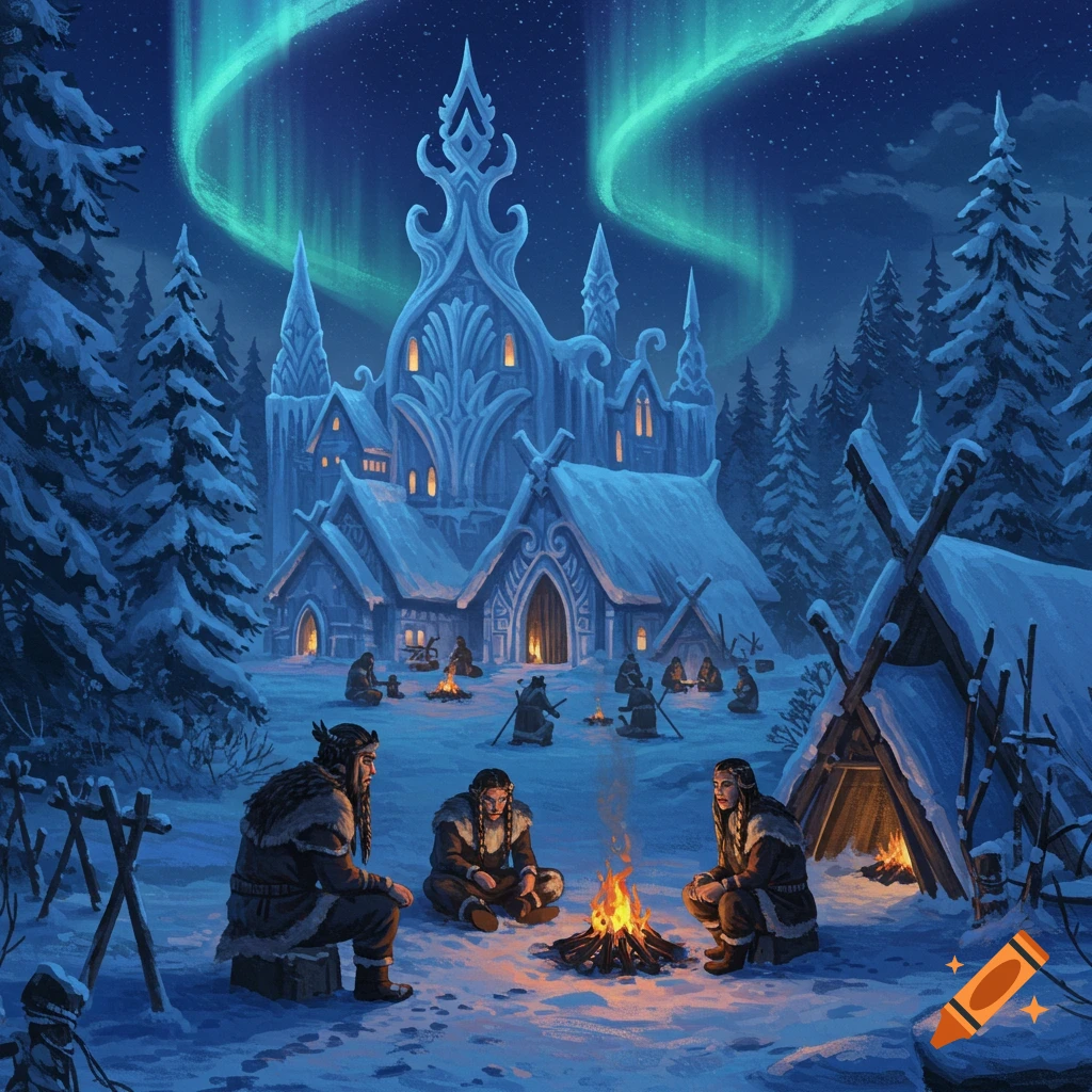 Mythical winter village with people by fires, an ice building, and aurora borealis.