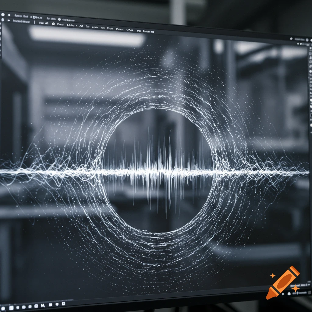 A computer screen displays a white, circular wave pattern on a dark background, with a blurred laboratory or workspace in the background.
