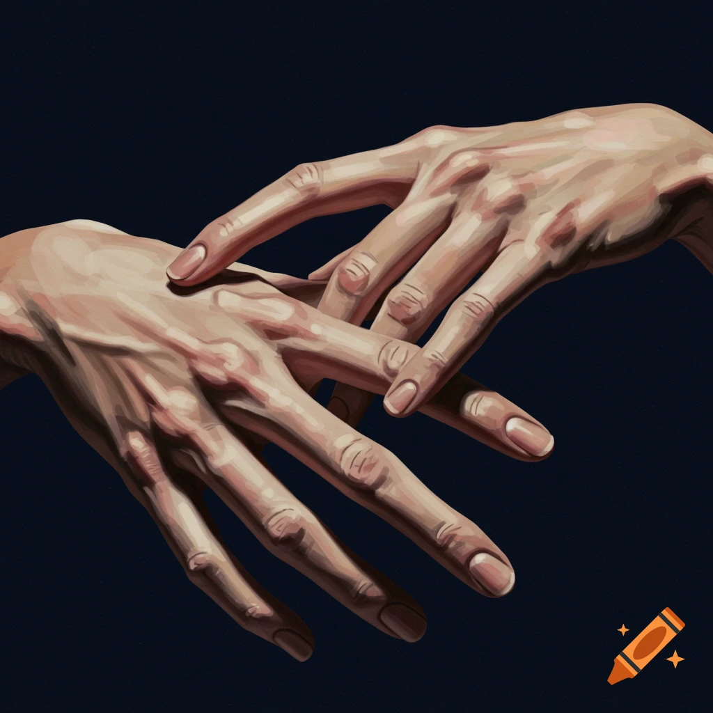 Two human hands touching against a dark background.