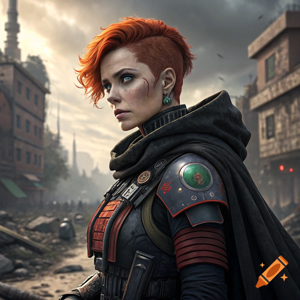 Woman with red hair and armor in a ruined city.