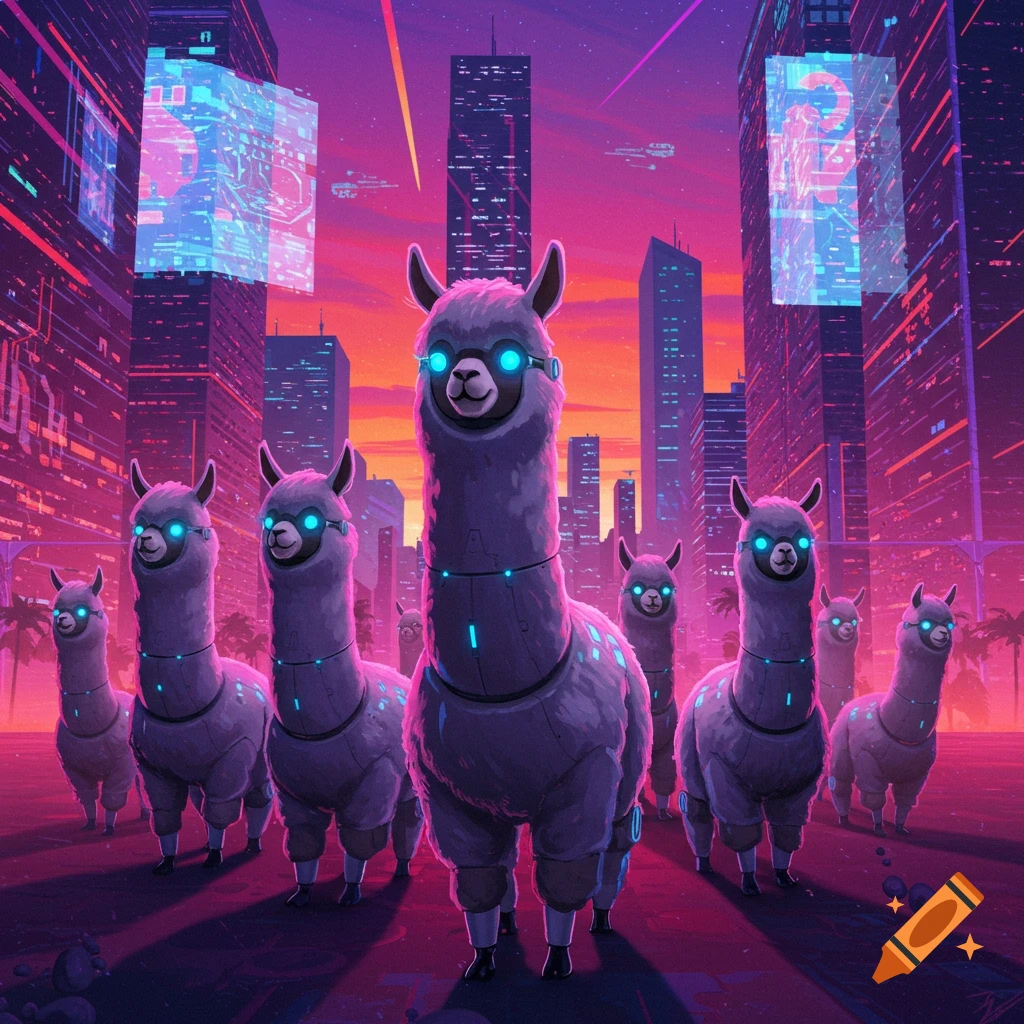Robot alpacas stand in a futuristic city at sunset with neon lights and screens.