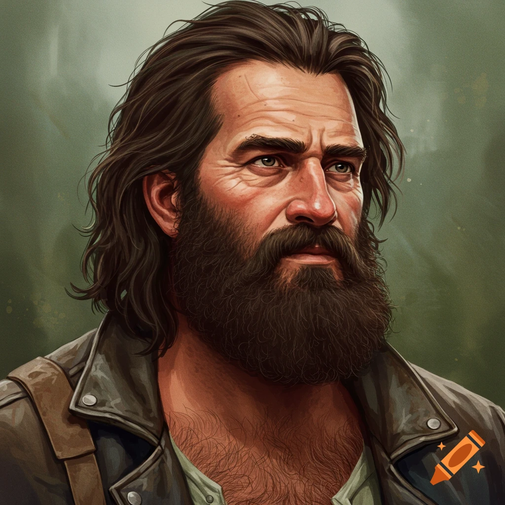 A man with a long beard and brown hair wearing a jacket.
