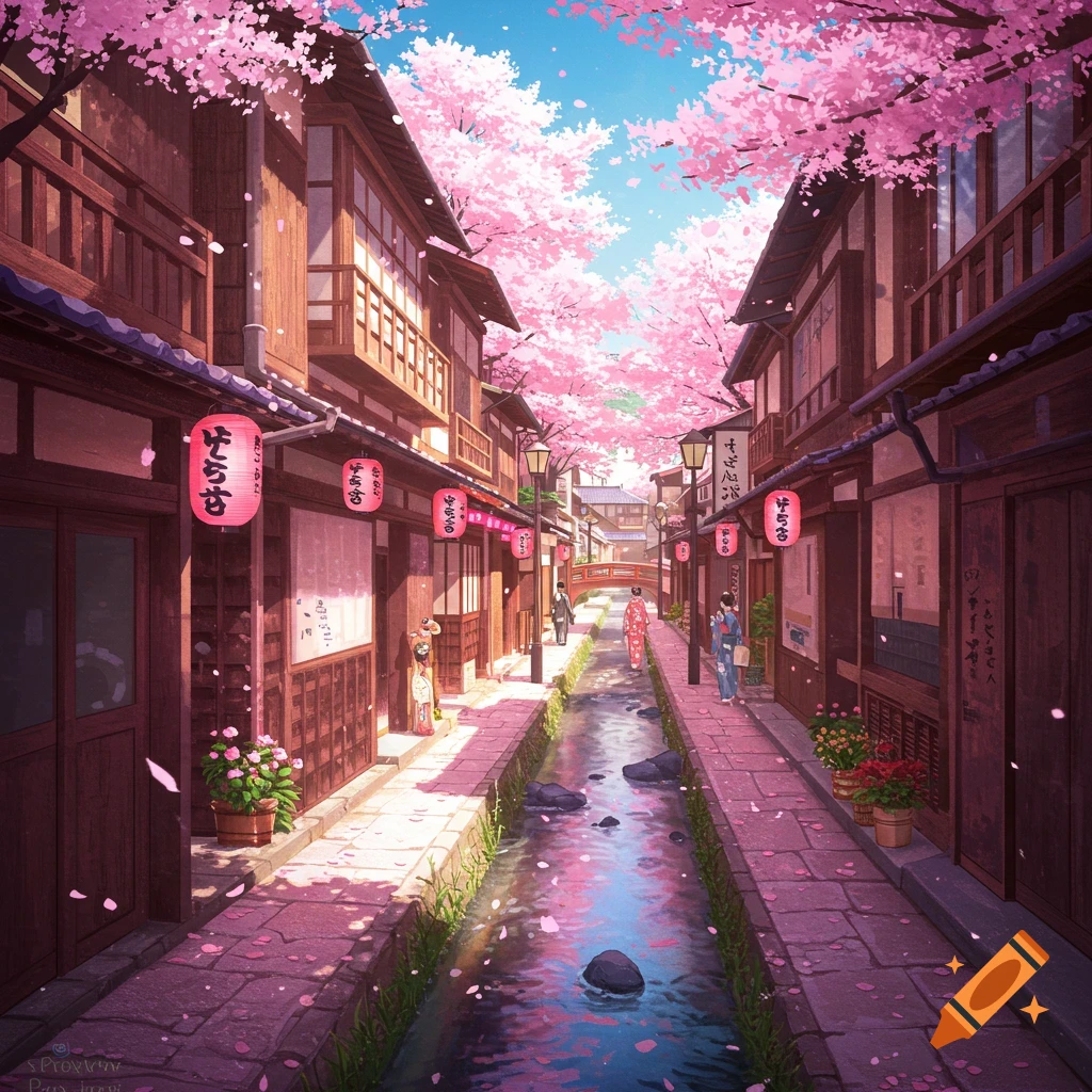An anime-style image of a Japanese street with cherry blossoms, a canal, and people in kimonos.