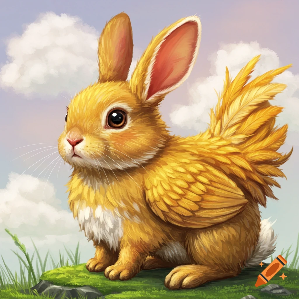 A fluffy golden bunny creature with chicken feathers sits on a mossy rock.