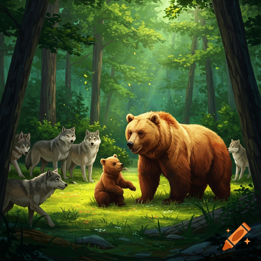 A mother bear and her cub interact with five wolves in a sunlit forest clearing.