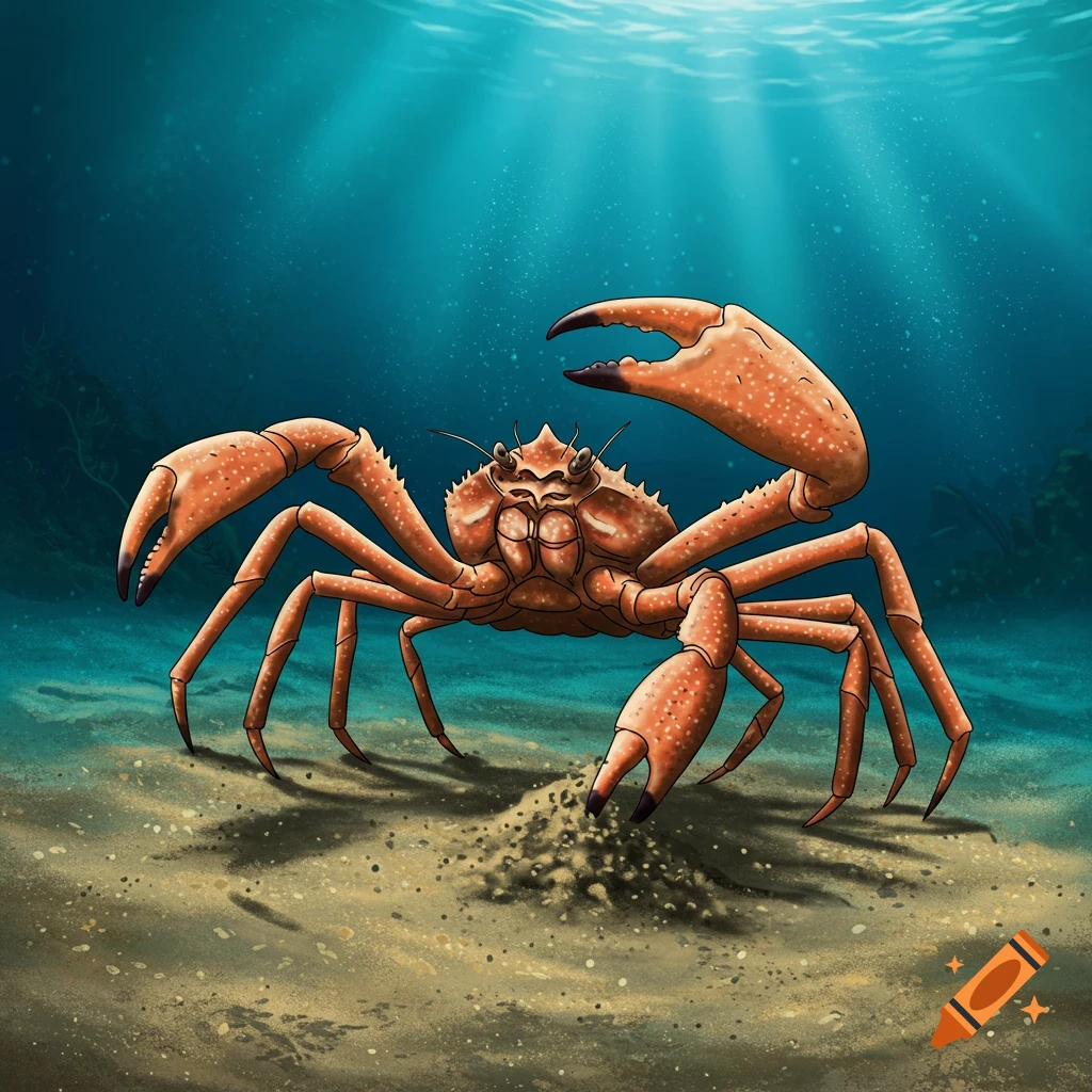 An orange crab on the sandy ocean floor with sunlight filtering through the water.