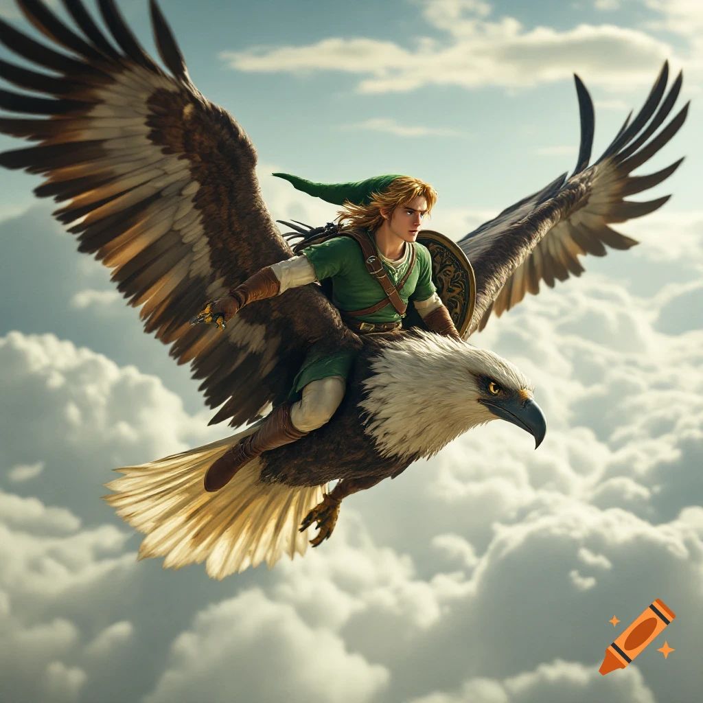 Link rides a large eagle through the sky amidst clouds. Cinematic fantasy image.
