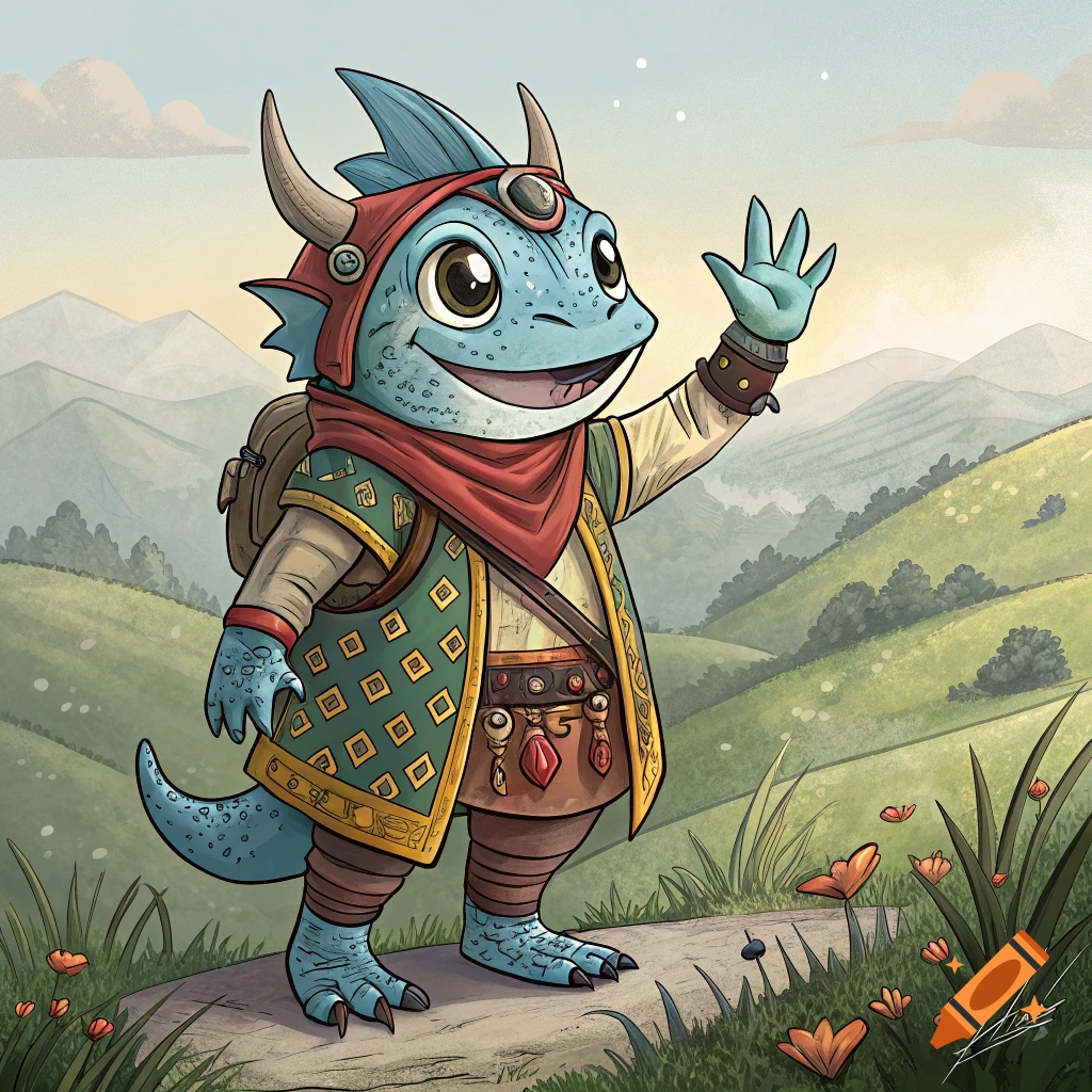 Illustration of a cute blue lizard creature in fantasy clothes and backpack waving on a grassy hill with mountains behind.