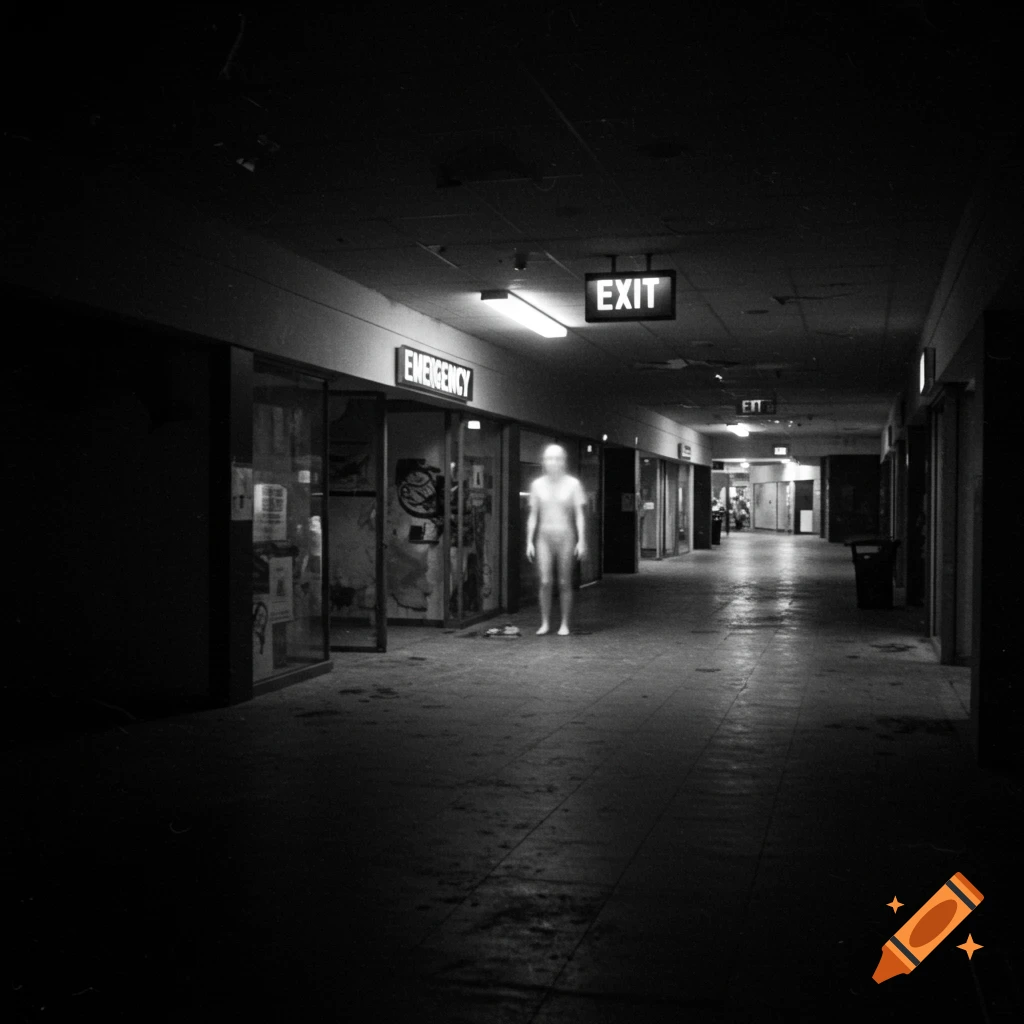 Black and white photo of a dark, abandoned mall hallway with a blurry, ghostly figure.