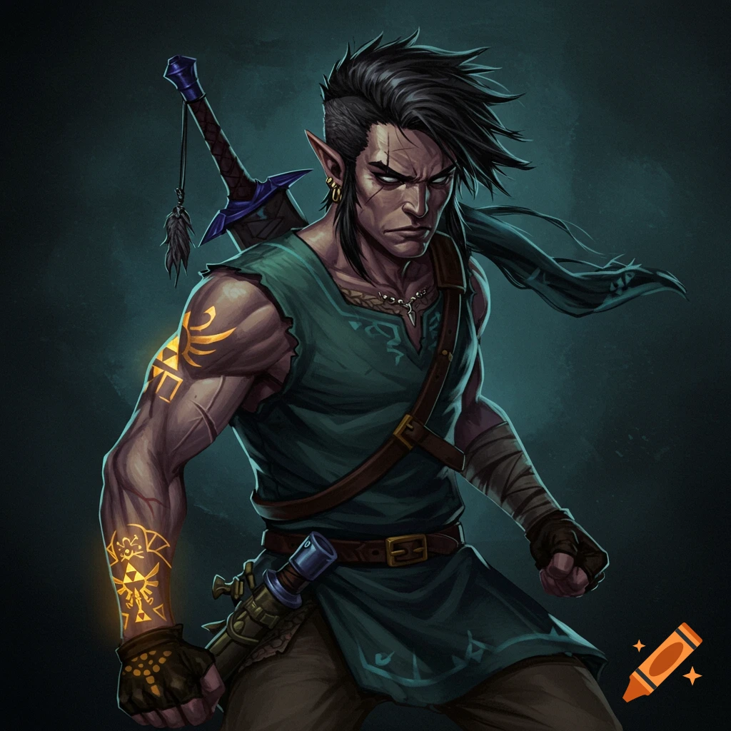 A male fantasy character with dark hair, elf ears, arm tattoos, sword, and rugged clothing.