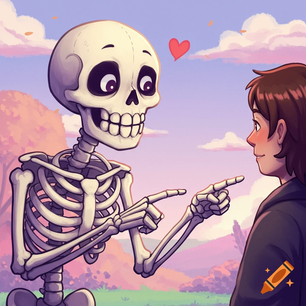 A cartoon skeleton and a person smiling and pointing at each other, with a red heart above the skeleton's head, in a colorful autumn landscape.