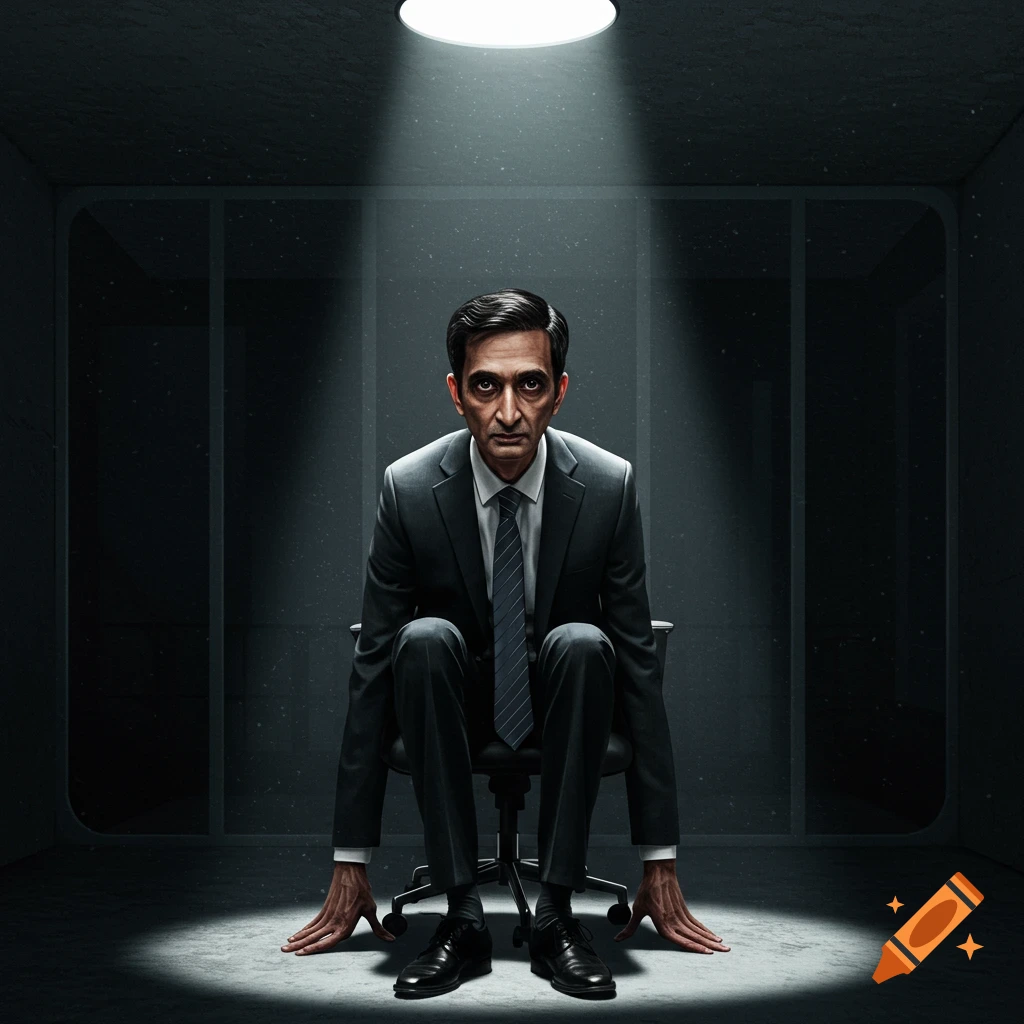 A man in a suit sits under a spotlight in a dark room, hands on the floor.
