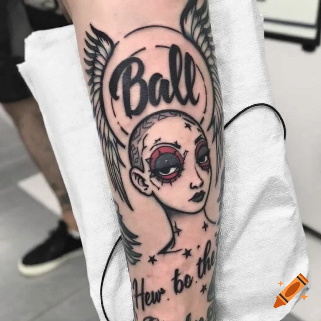 Tattoo on a forearm featuring a stylized face with wings and text that reads "Ball" above.