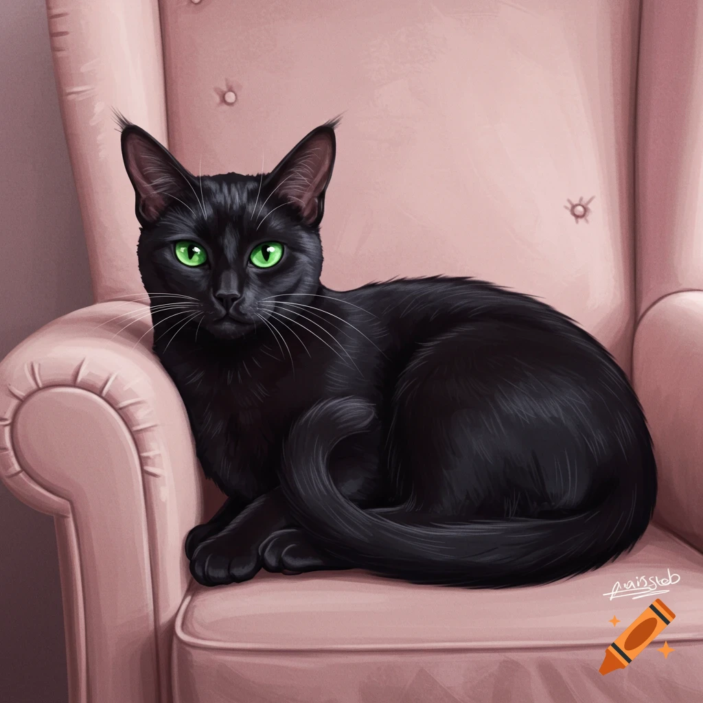 A black cat with green eyes sits on a pink armchair.
