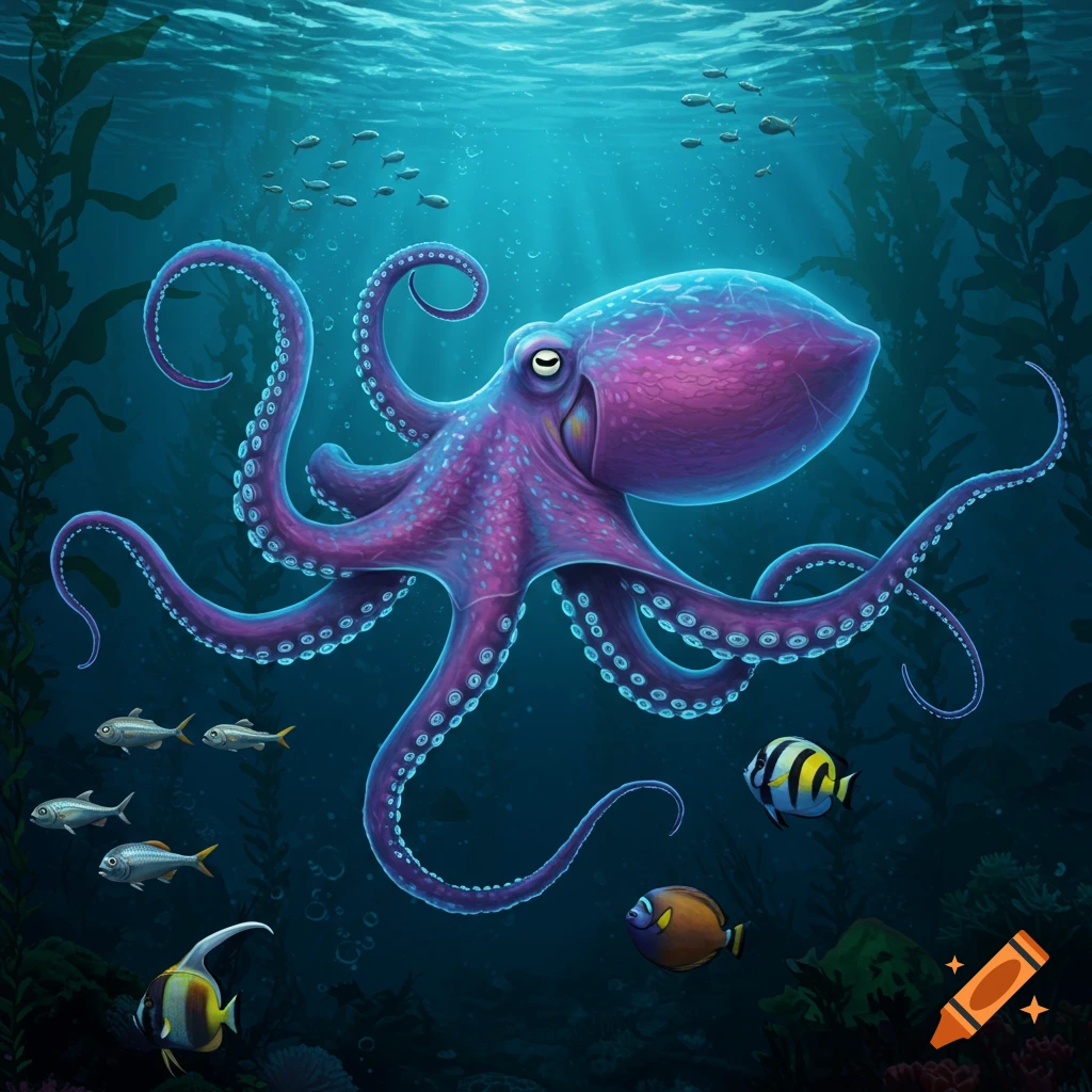 A purple octopus swims underwater, surrounded by fish.