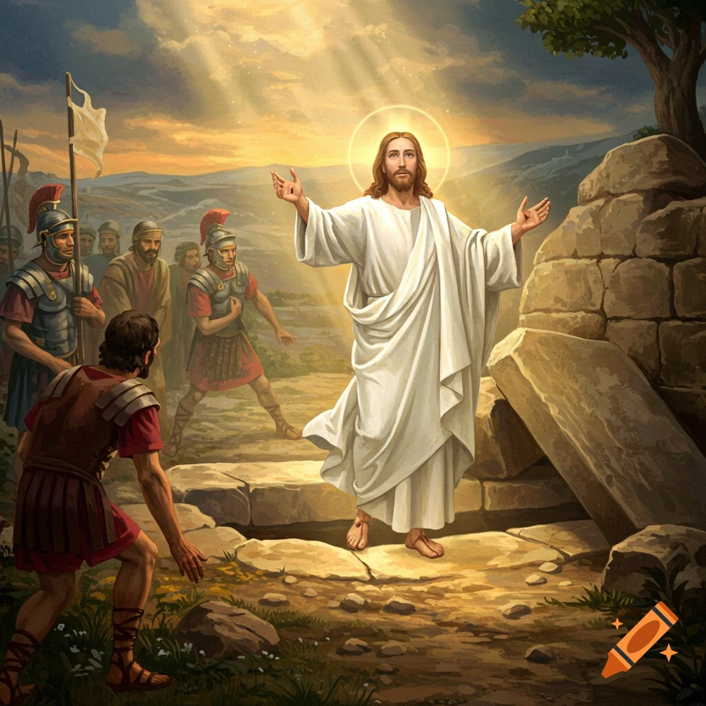 Jesus standing outside an open tomb with Roman soldiers reacting to the resurrection.