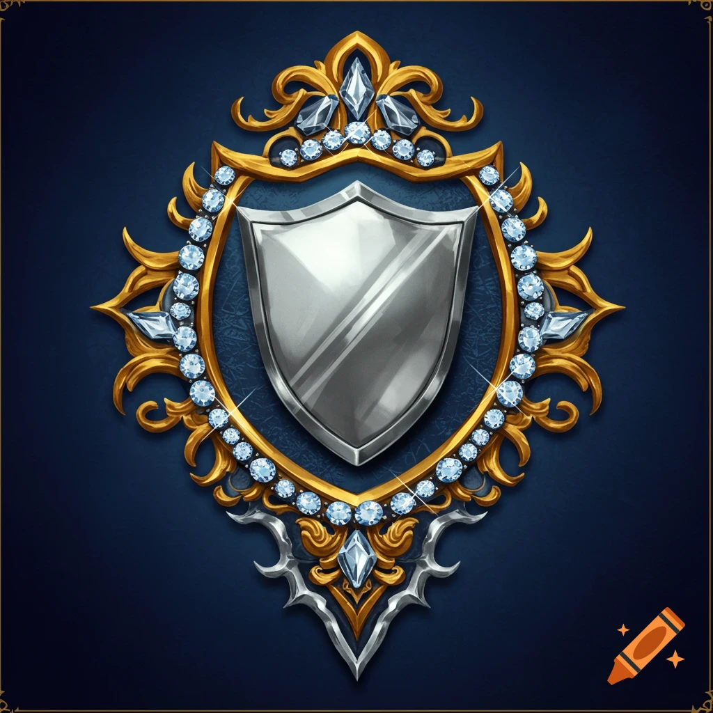 A silver shield on a dark blue background, framed by a golden and silver crest with diamonds.