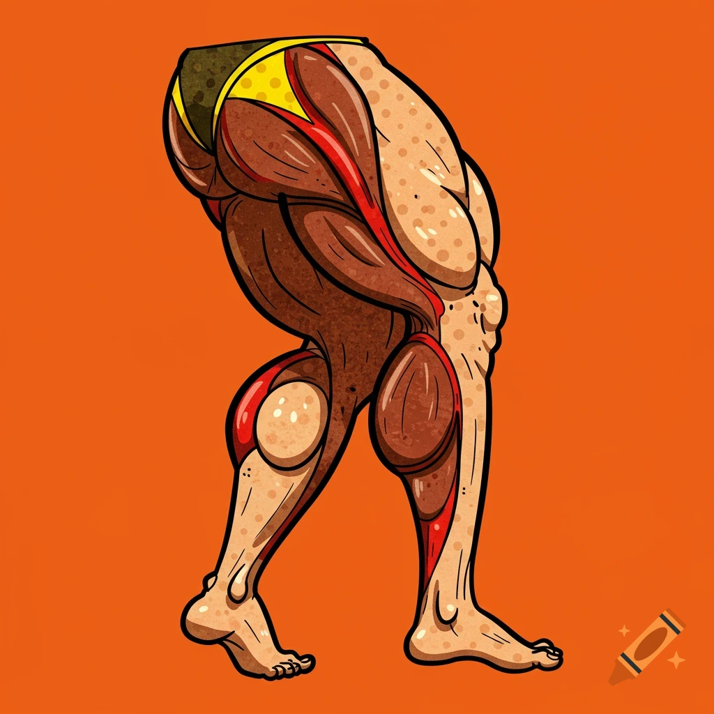 Cartoon illustration of muscular legs showing anatomy on an orange background.