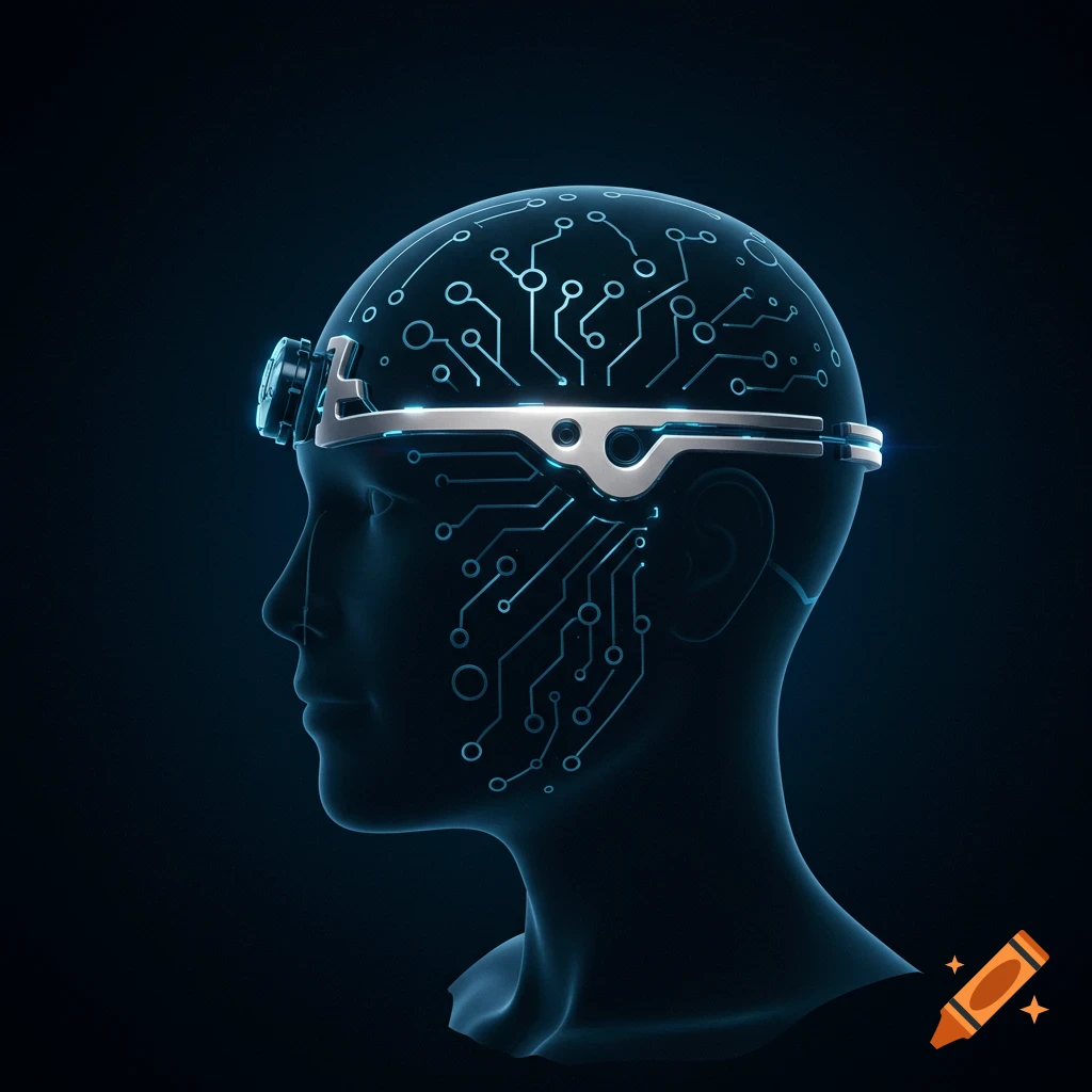 Profile of a translucent head showing internal circuits, wearing a futuristic headband, in a tech/sci-fi style.