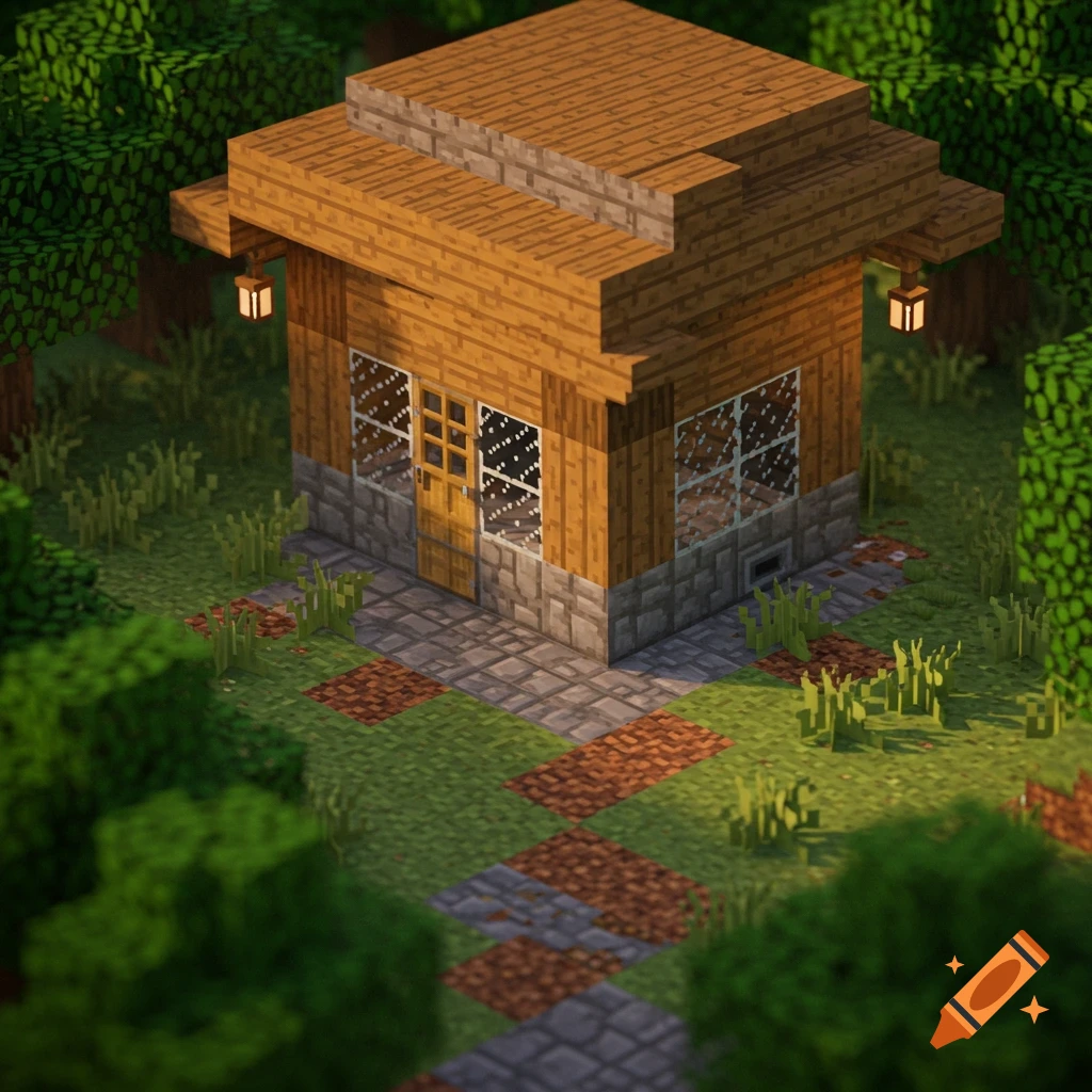 A blocky wooden and stone house sits in a forest clearing in the style of Minecraft.