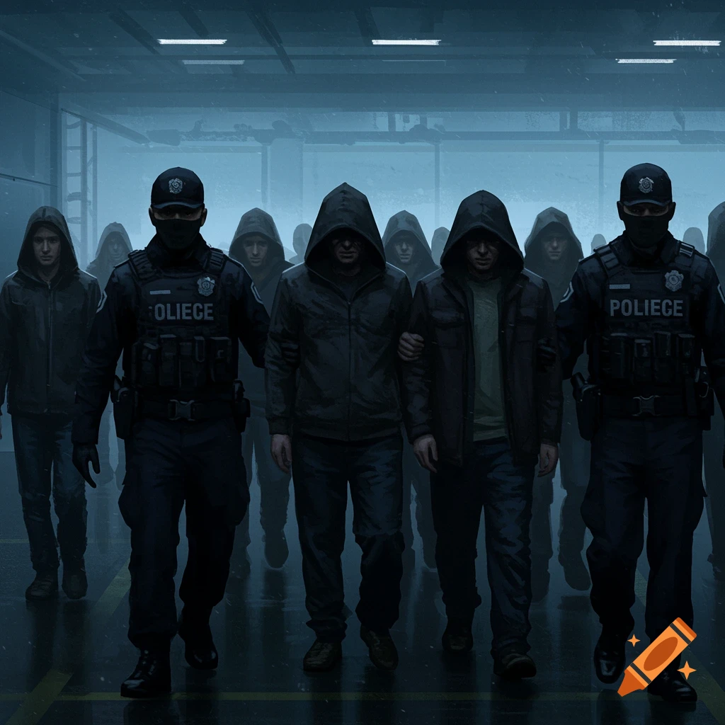 Two figures in dark uniforms leading two hooded figures through a dark, ominous facility, with more hooded figures behind them.