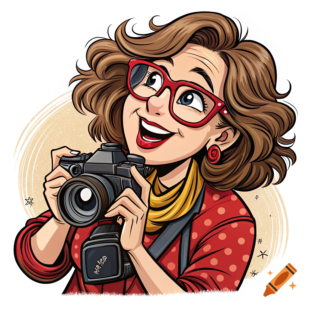 Cartoon illustration of a smiling woman with red glasses and a camera.