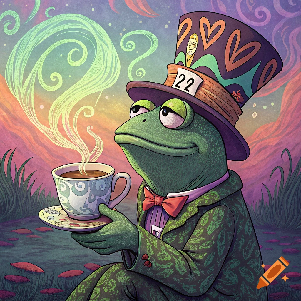 A cartoon frog wearing a Mad Hatter style hat sips from a teacup in a psychedelic landscape.