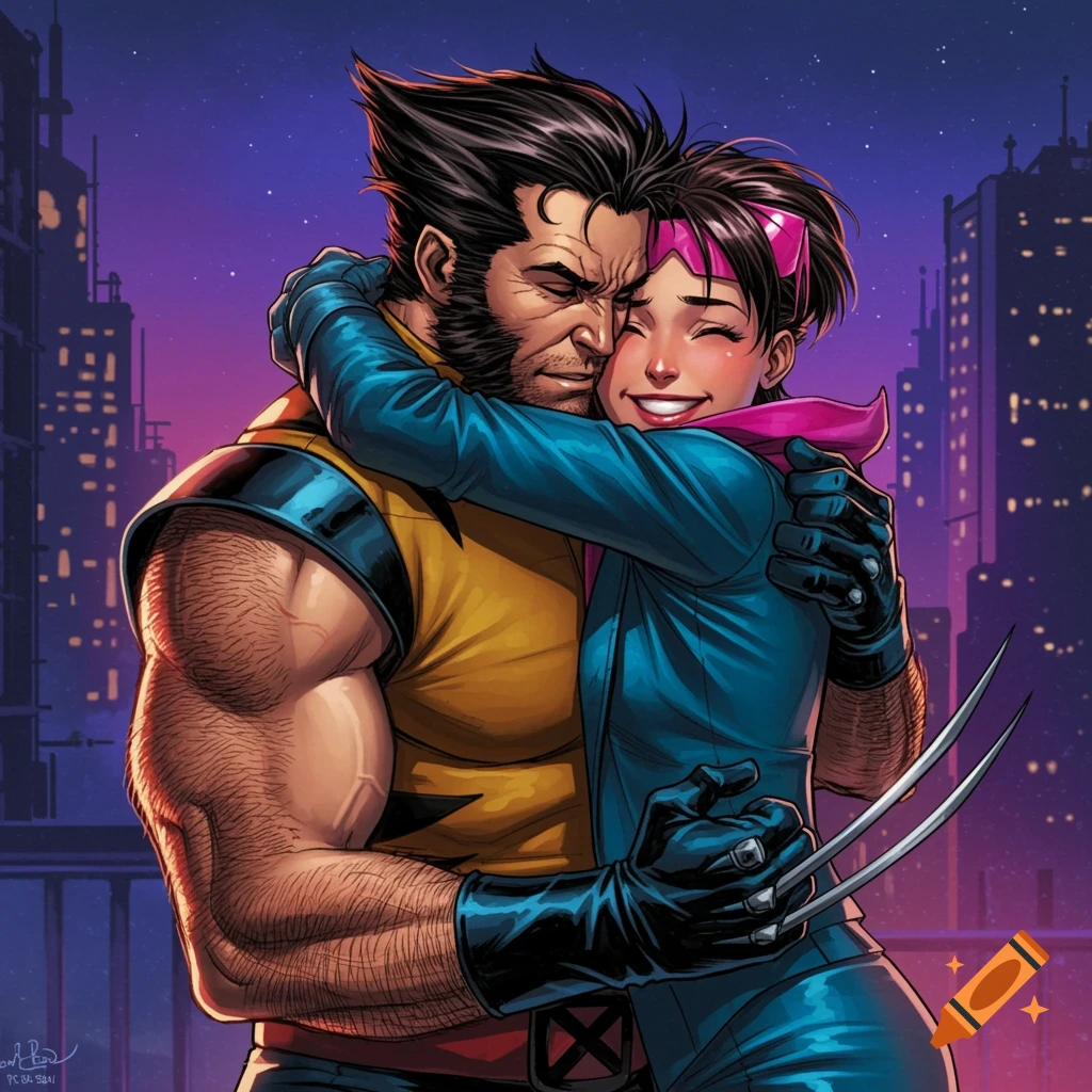 Comic art of Wolverine and Jubilee hugging against a city skyline at night.