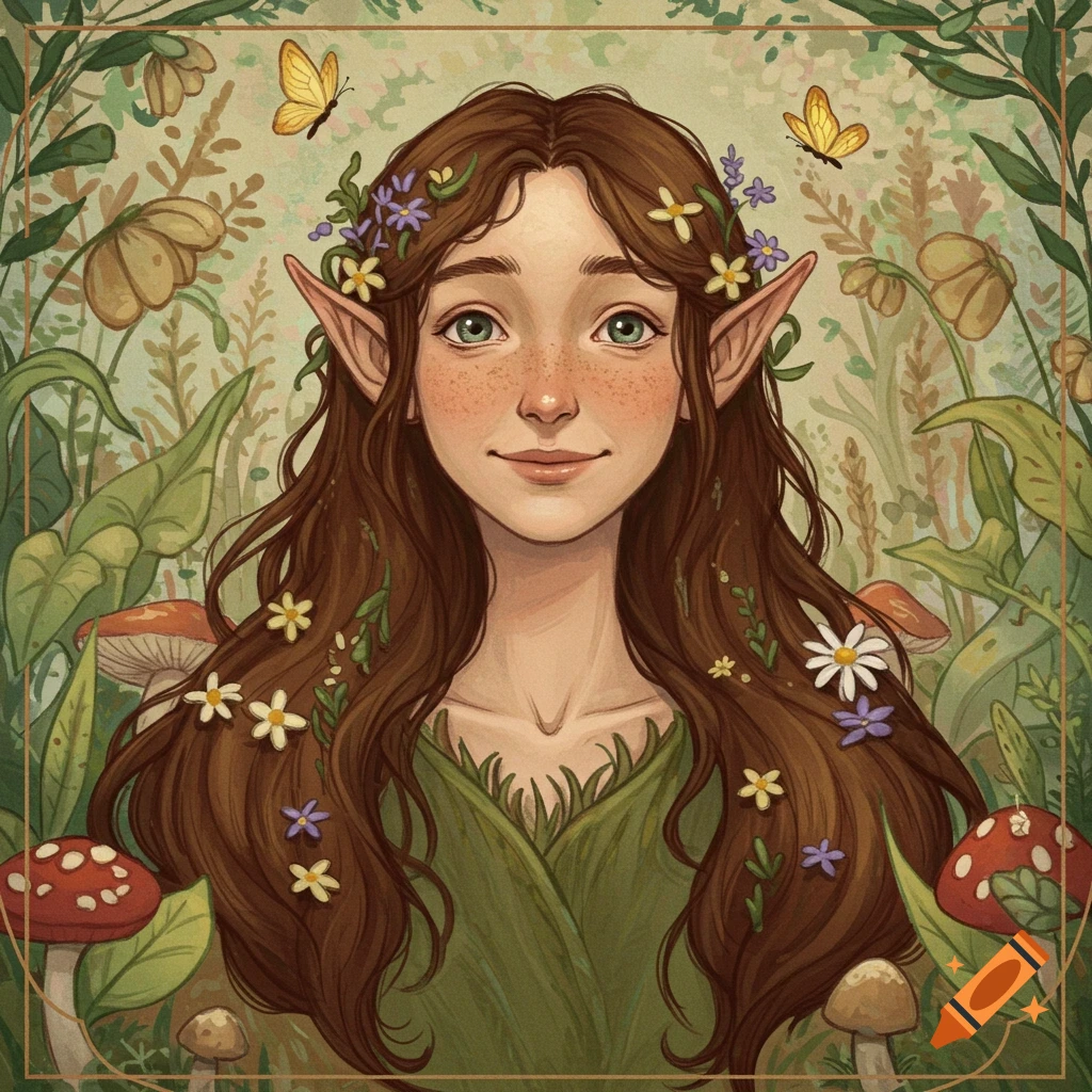 Illustration of an elf-like person with long brown hair and pointy ears, smiling among flowers, mushrooms, and butterflies.