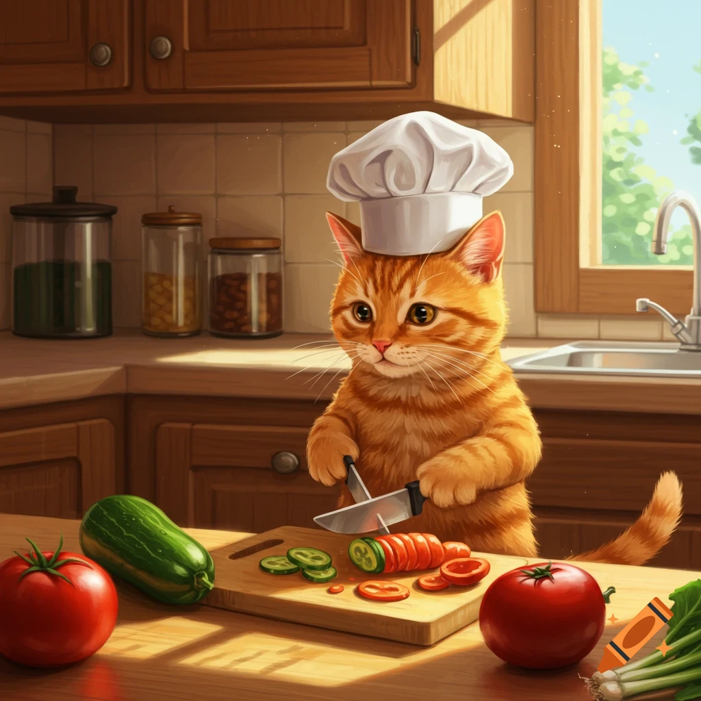 An orange cat wearing a chef hat chops vegetables on a cutting board in a kitchen.