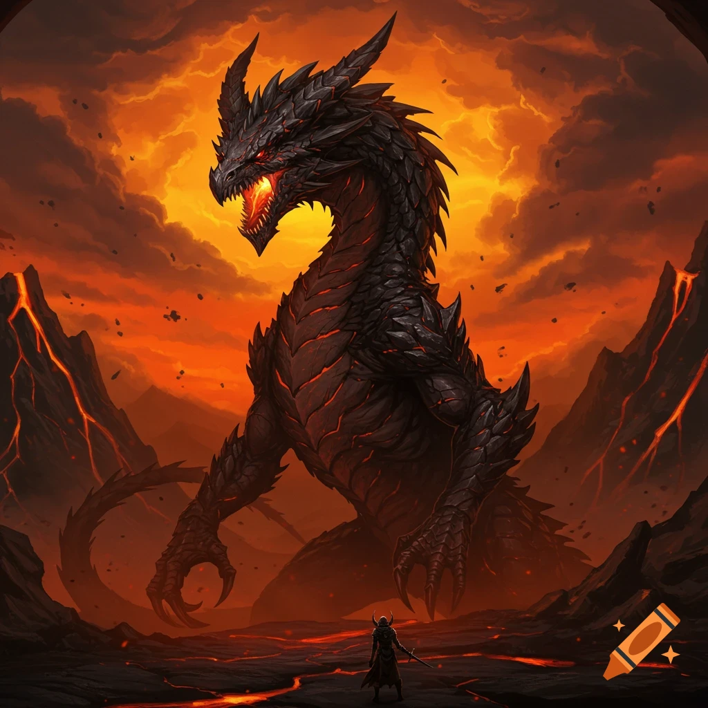 A massive black dragon faces off against a small human in a fiery volcanic landscape.