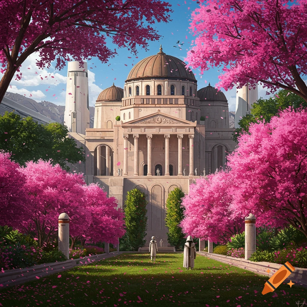 A grand palace with domes and columns, surrounded by vibrant pink blossom trees, with robed figures walking on a lawn.