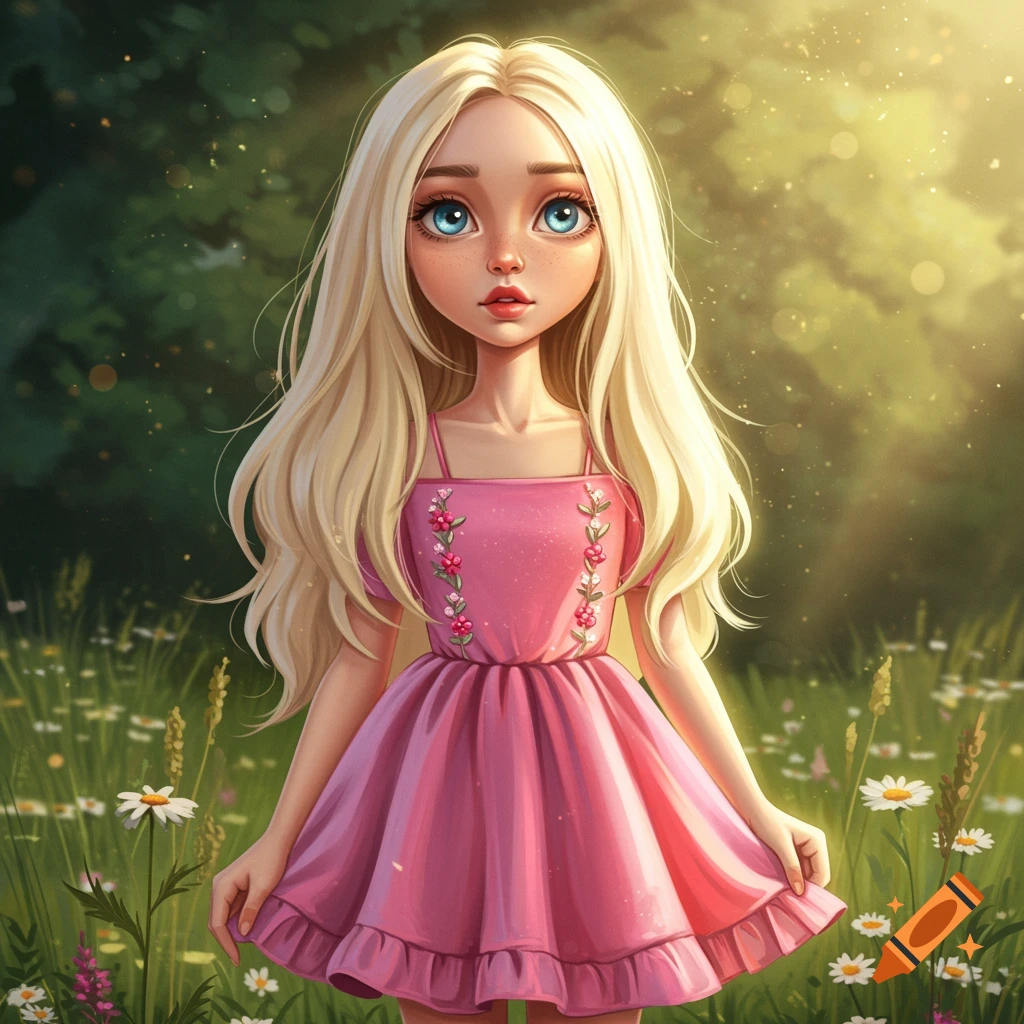 Whimsical image of a blonde girl in a pink dress standing in a sunny meadow.