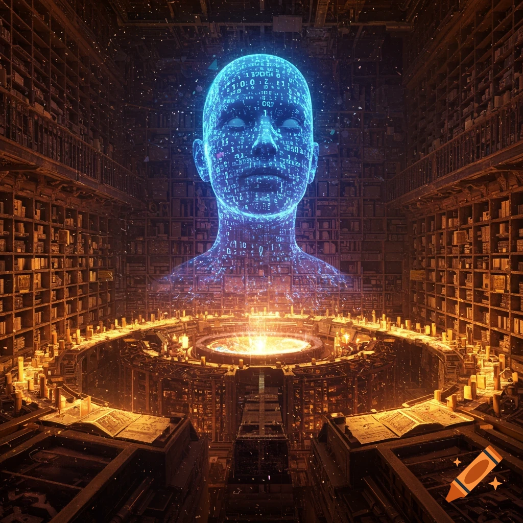 A glowing blue AI head made of data symbols floating above a large machine in a room filled with archives.